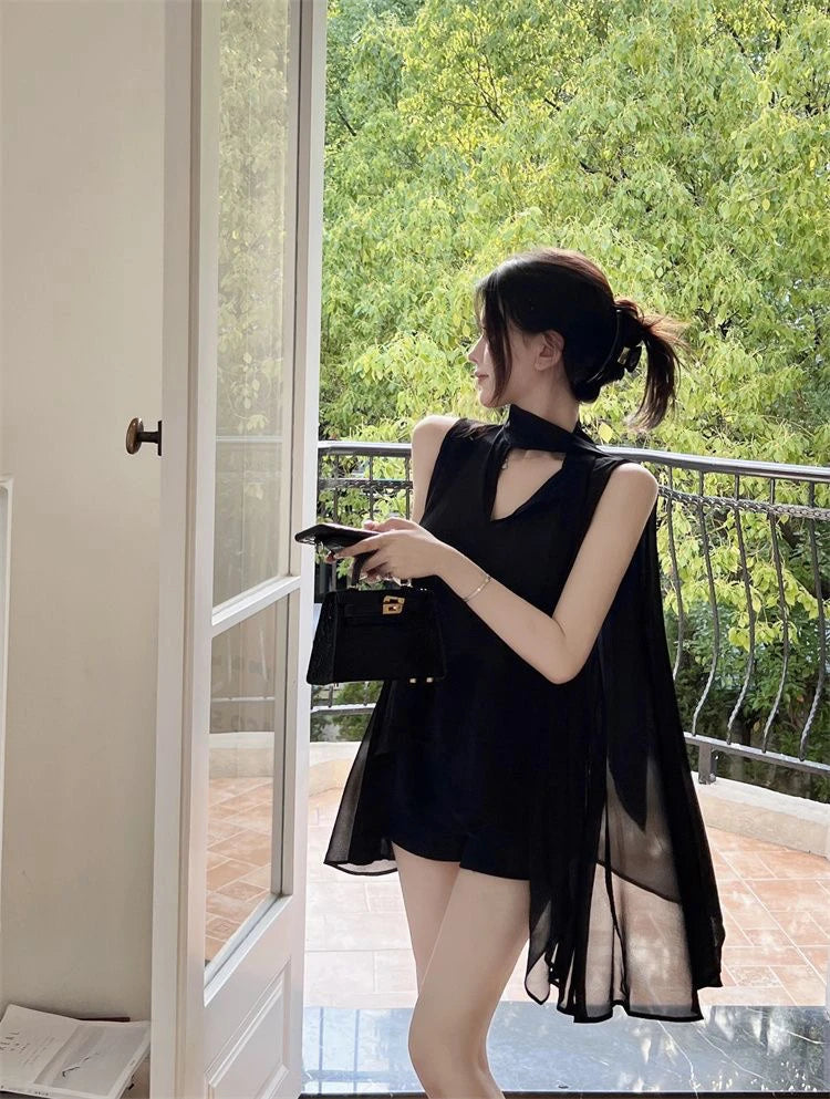 Black V-Neck Chiffon Blouse
