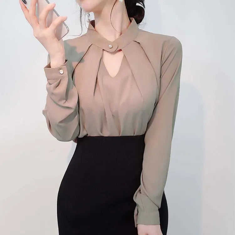 Solid Blouses Women Chiffon Shirts Long Sve flattering Hollow chic All-match Basic Spring Summer Tops Thin Chic Elegant Female Ins