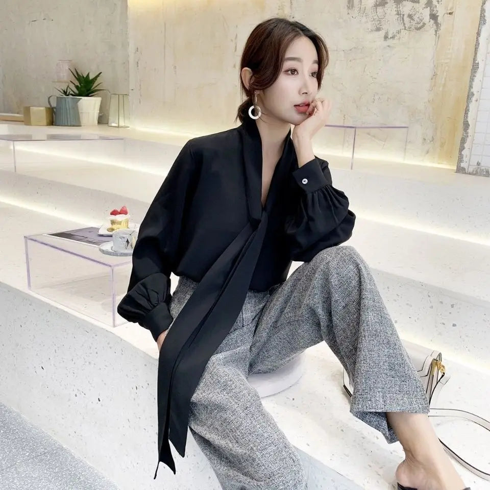 V-Neck Lace-Up Korean Office Blouse