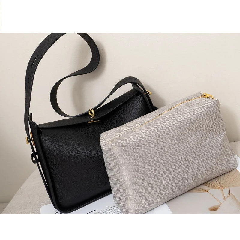 Niche Luxury Cowhide Wide Strap Large Capacity Shoulder Bag