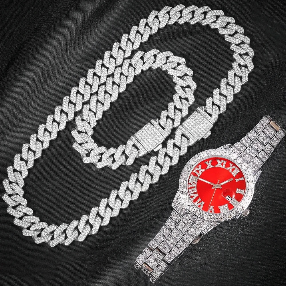 Men's 3-Piece Cuban Chain Watch & Bracelet Jewelry Set