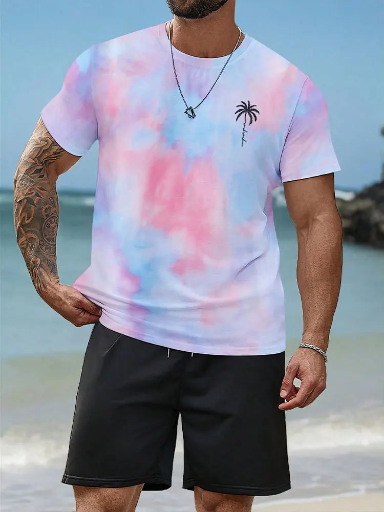 Men's Gradient Print Short Sleeve & Shorts Summer Set