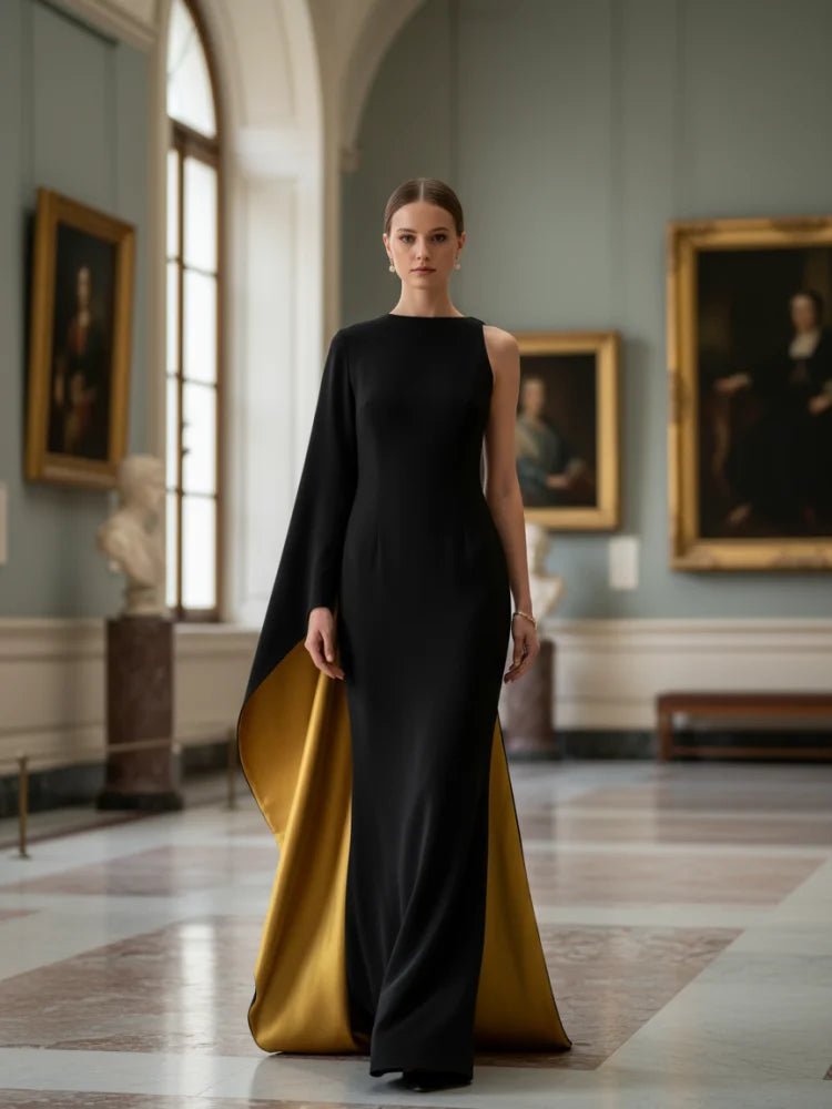 Freeacy Women's Asymmetric Cape Dress Ruffled One - sleeve Floor Length Evening Gowns 2025 Stylish Contrast Color Party Dresses - Nitamoje