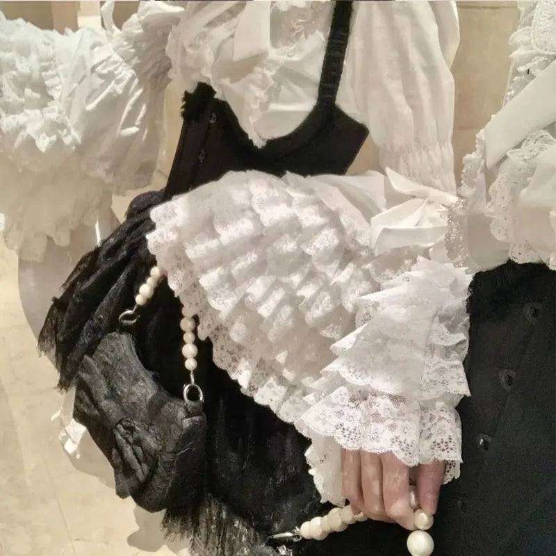 Lolita Blouse Women Y2k Gothic Peter Pan Collar Lace Bow Ruffles Tops Oversized Flare Sve Sweet Shirts JSK White Blouses