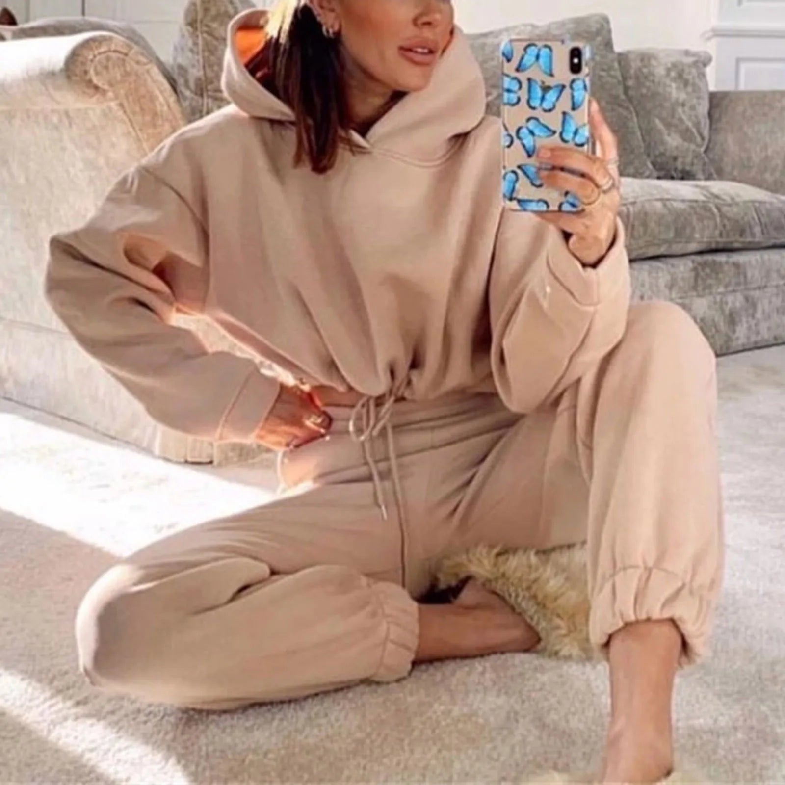Winter Tracksuit Women Two Piece Set - Oversized Hoodie Sweatpants Solid Color Sportswear Suit |Casual Sweatshirt Trouser Set