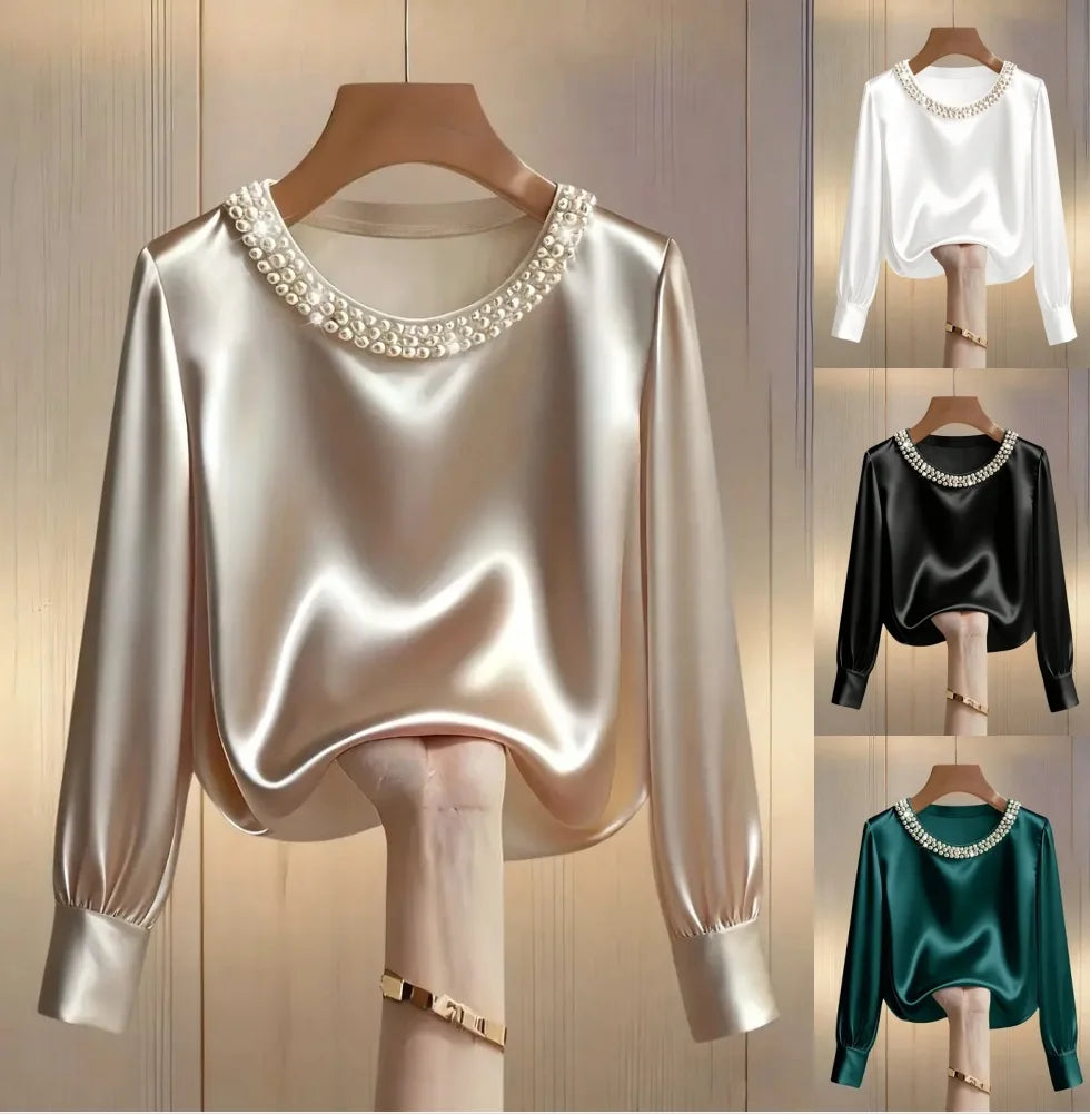 Pearl O-Neck Satin Boho Blouse