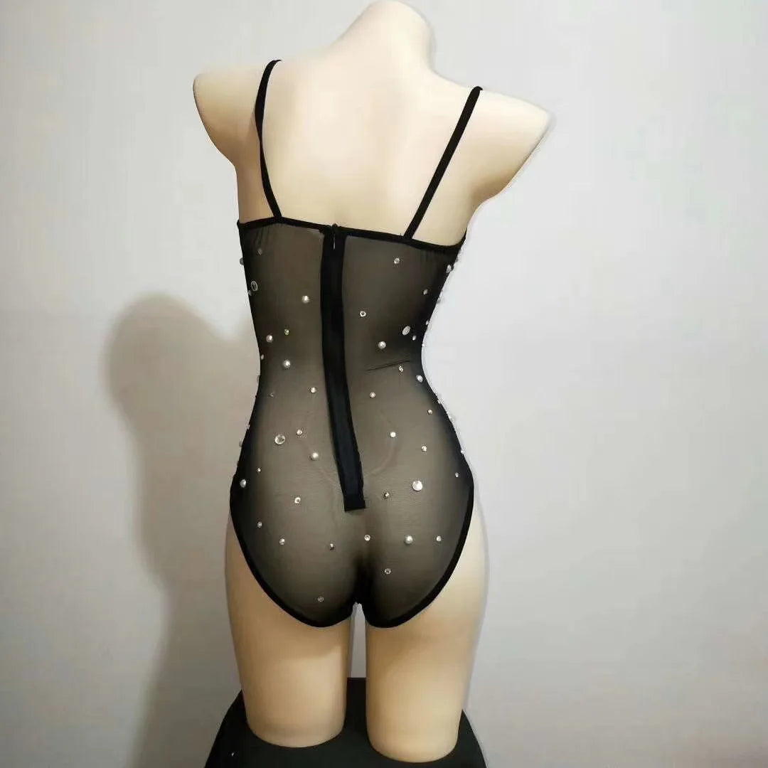 Pearl Strap Rhinestone Bodysuit Stage Leotard for Women