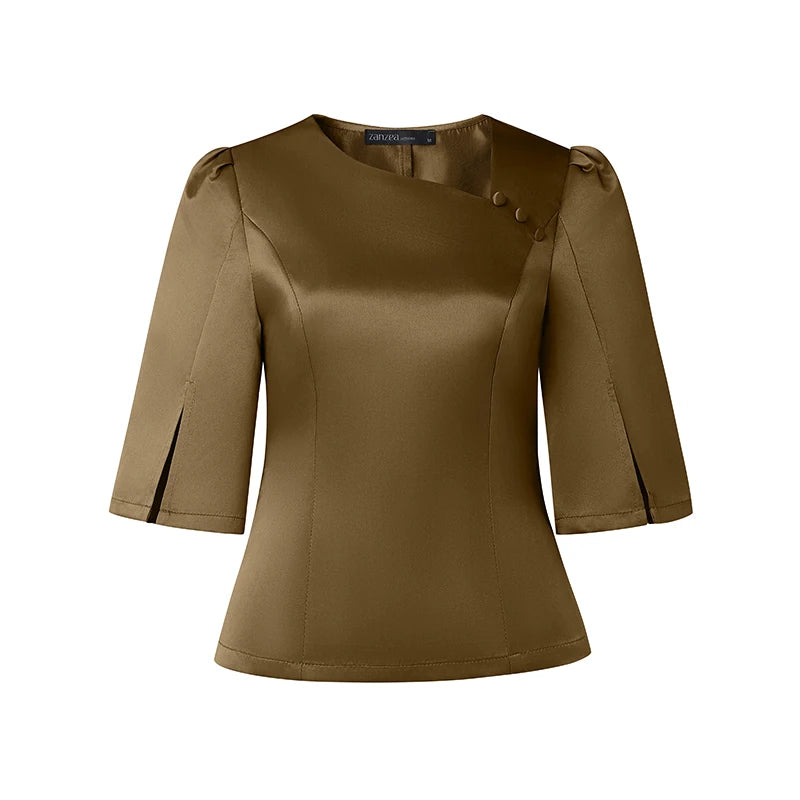 Elegant Office Lady Blouse | 3/4 Puff Sleeve Casual Solid Tunic Top | Loose Summer Shirt