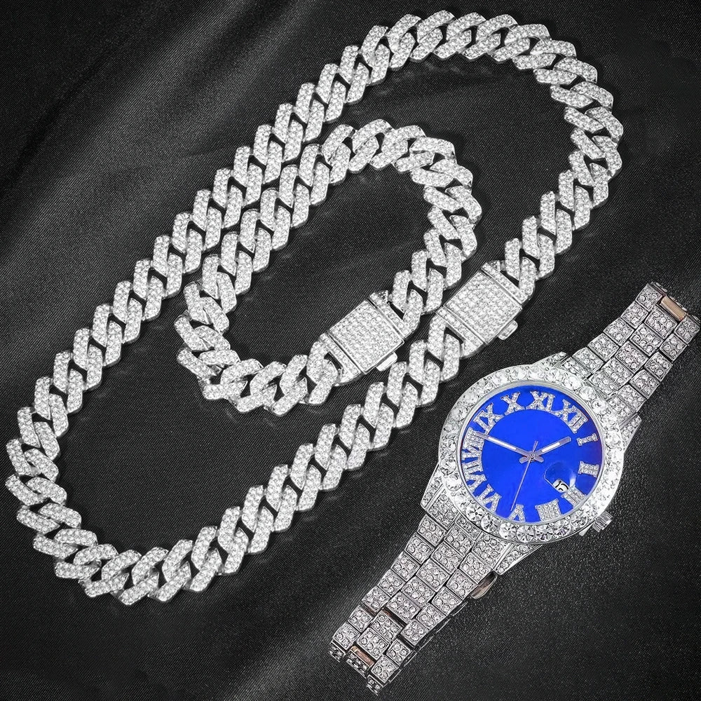Men's 3-Piece Cuban Chain Watch & Bracelet Jewelry Set