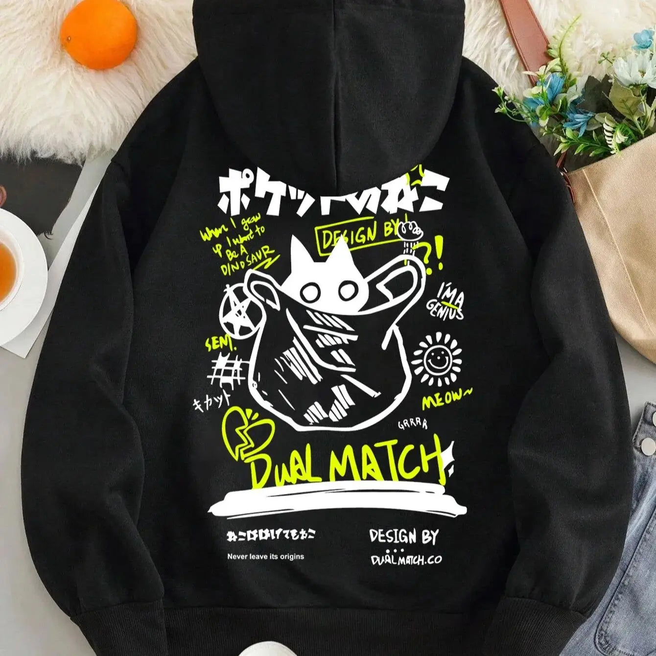 Japan Style Black Cat Hoodie Men Women Outdoor Street Casual Fashion Sport Cartoon Longsve Adult Autumn Winter Sweatshirt Top