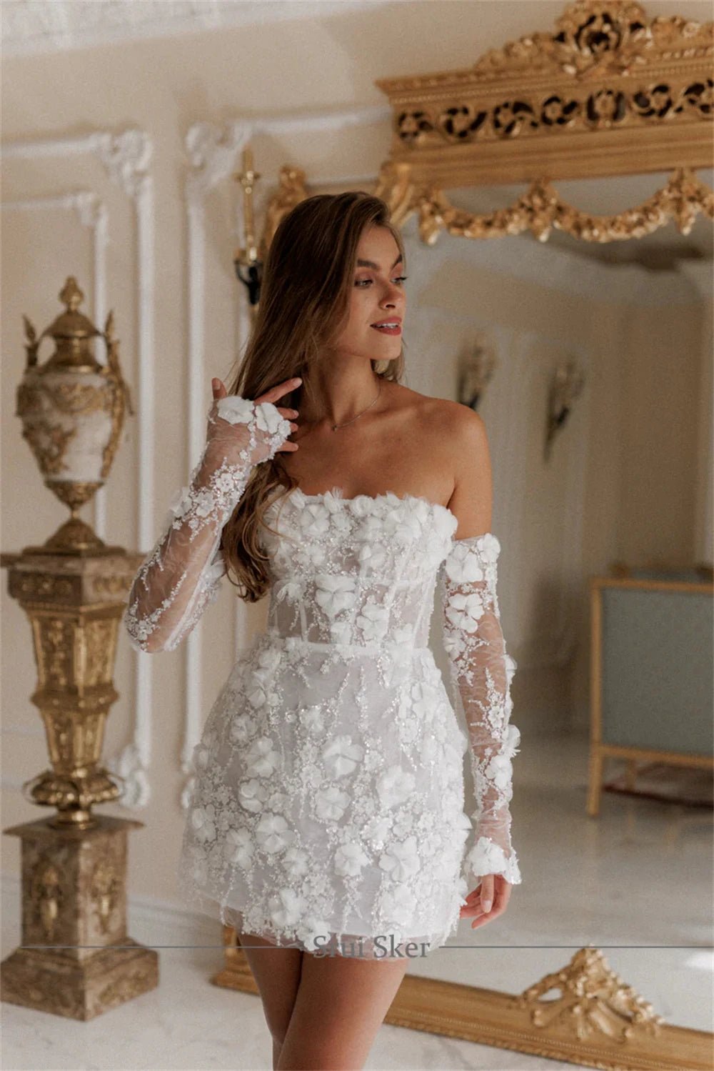Detachable Long Sleeve Mini Wedding Dress | 3D Flower Lace Beaded Bridal Dress - Nitamoje