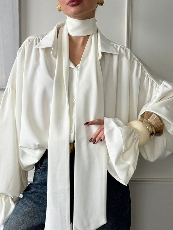 Satin Puff Sve Lapel Blouse with Scarf