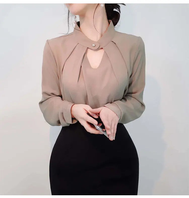 Solid Blouses Women Chiffon Shirts Long Sve flattering Hollow chic All-match Basic Spring Summer Tops Thin Chic Elegant Female Ins