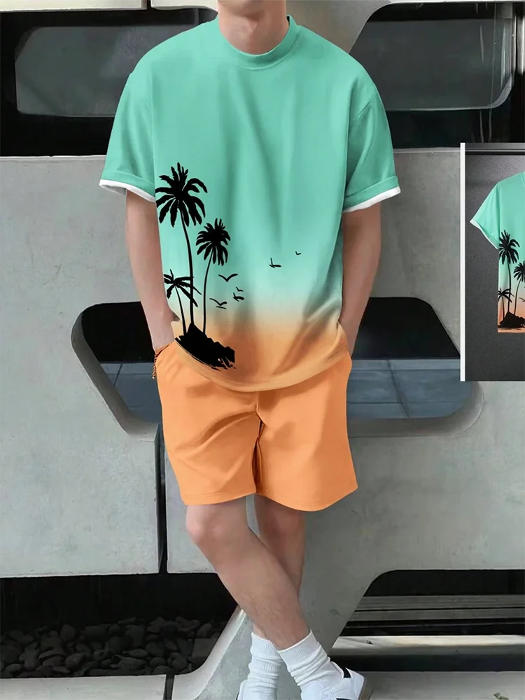 Men's Gradient Print Short Sleeve & Shorts Summer Set