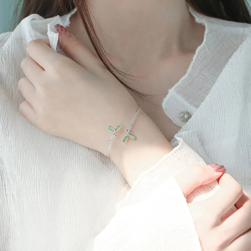 Silver-Tone Opal Leaf & Branch Cuff Bangle | Nature-Inspired Bracelet for Women