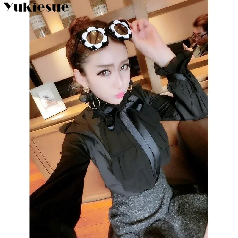 Elegant Women's Summer Blouse | Casual Ruffle Bow Long Sleeve Top White Shirt
