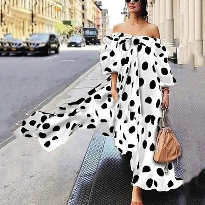 Women Off-the-shoulder Polka Dot Long Dress