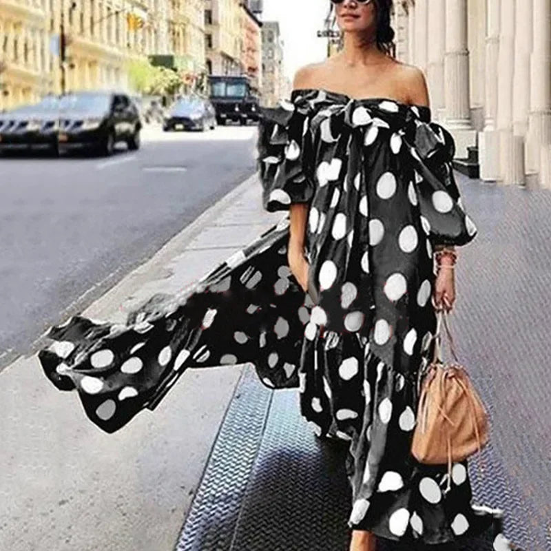 Women Off-the-shoulder Polka Dot Long Dress