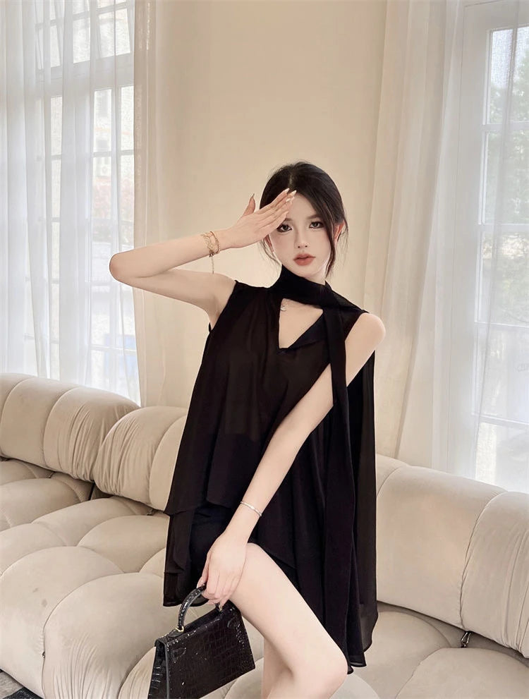Black V-Neck Chiffon Blouse