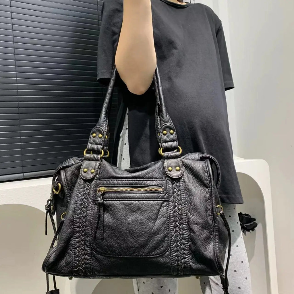 Y2K Washed Leather Motorcycle Shoulder Bag