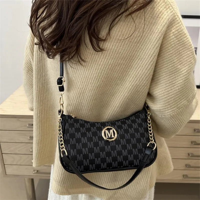 Vintage Style Handbag Crossbody Bag, Gold Letter 'M' Design Pu Leather Shoulder Messenger Bag, Synthetic Leather Tote Bag, Purse - Nitamoje