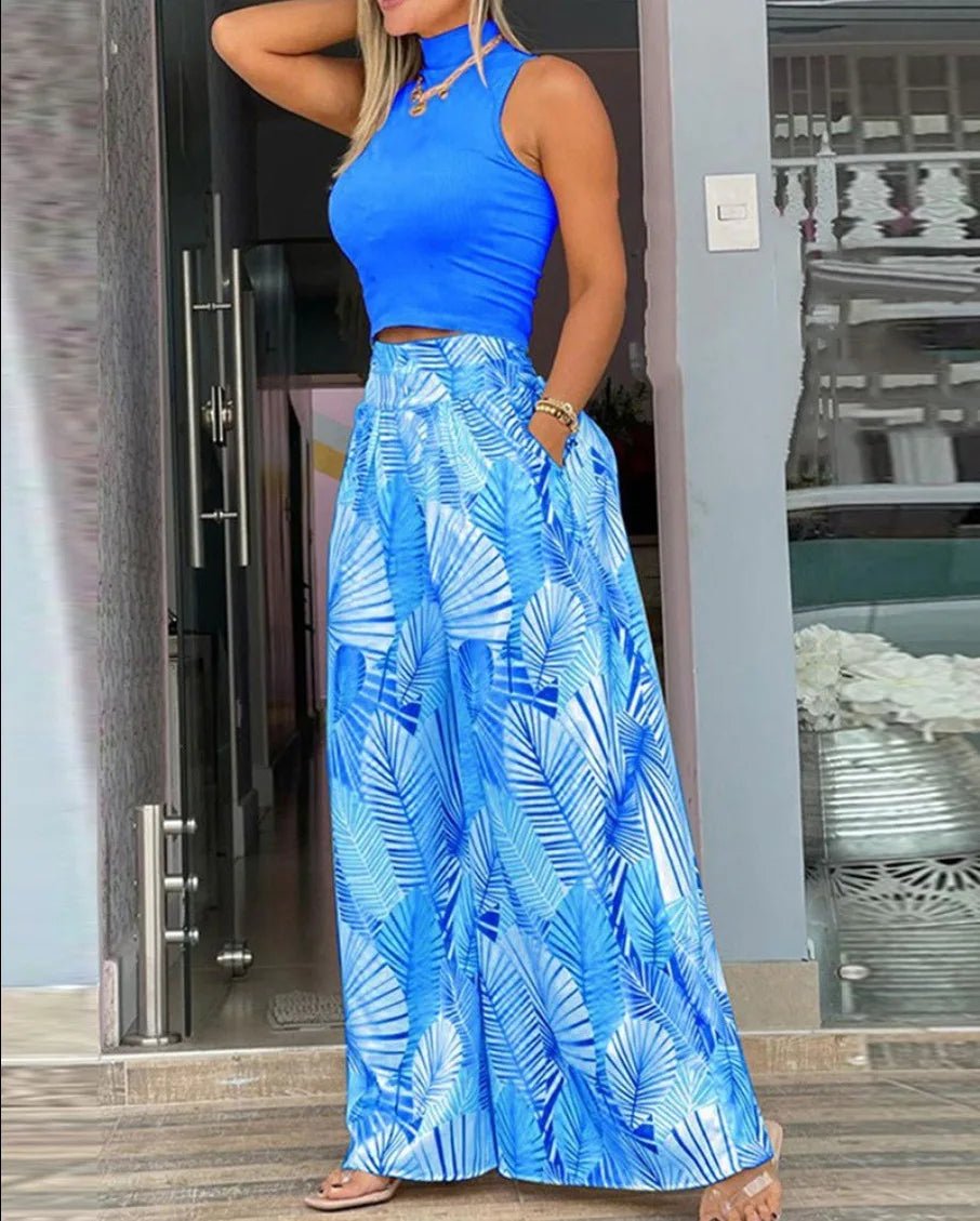 Women Print Two - piece Set, Smooth Sleeveless T-shirt, Wide Leg Pants, - Nitamoje