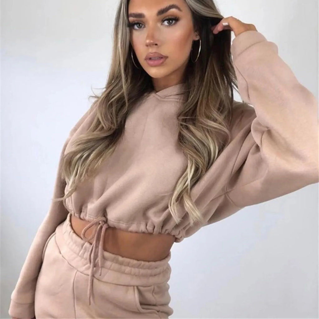 Winter Tracksuit Women Two Piece Set - Oversized Hoodie Sweatpants Solid Color Sportswear Suit |Casual Sweatshirt Trouser Set