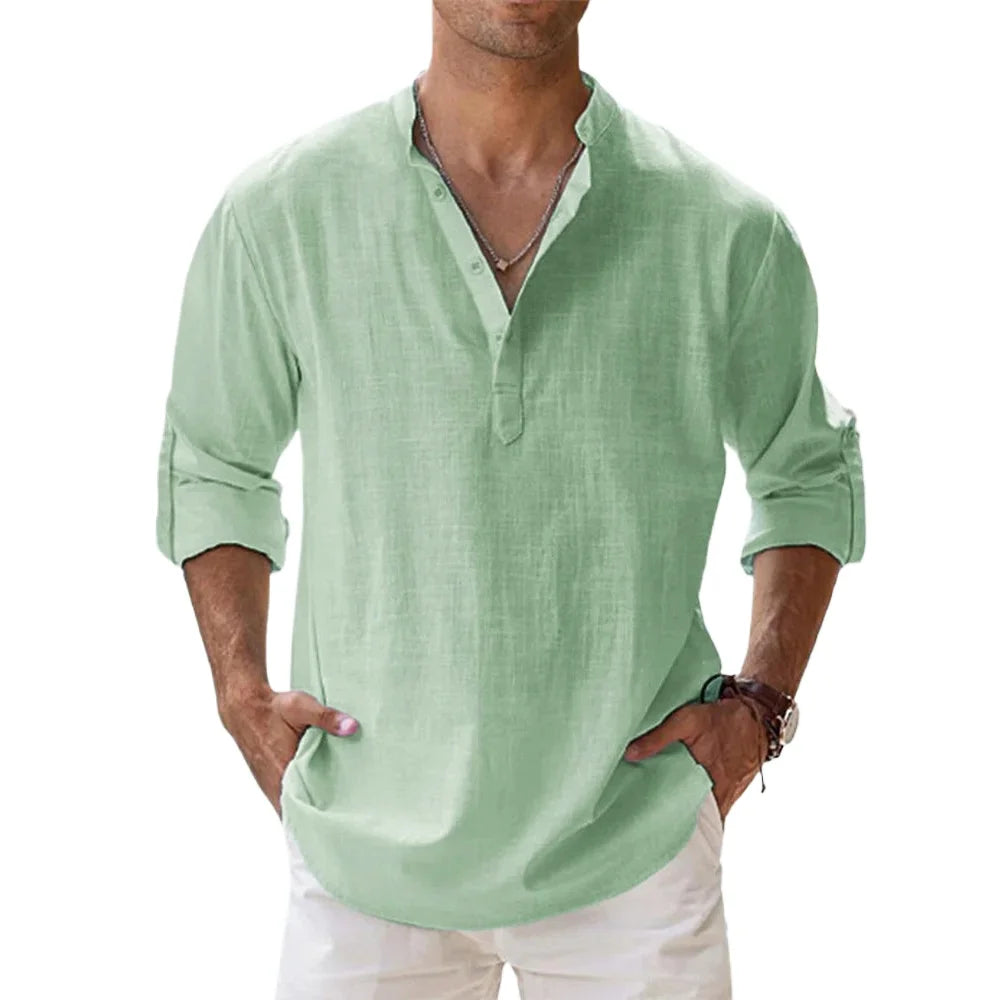 Men's Cotton Linen Short Sleeve Shirt | Solid Color Henley Casual Beach Hawaiian Vacation