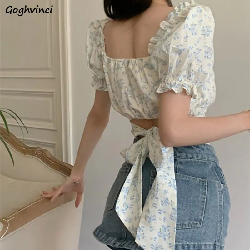 Floral Puff Sve Square Collar Crop Blouse