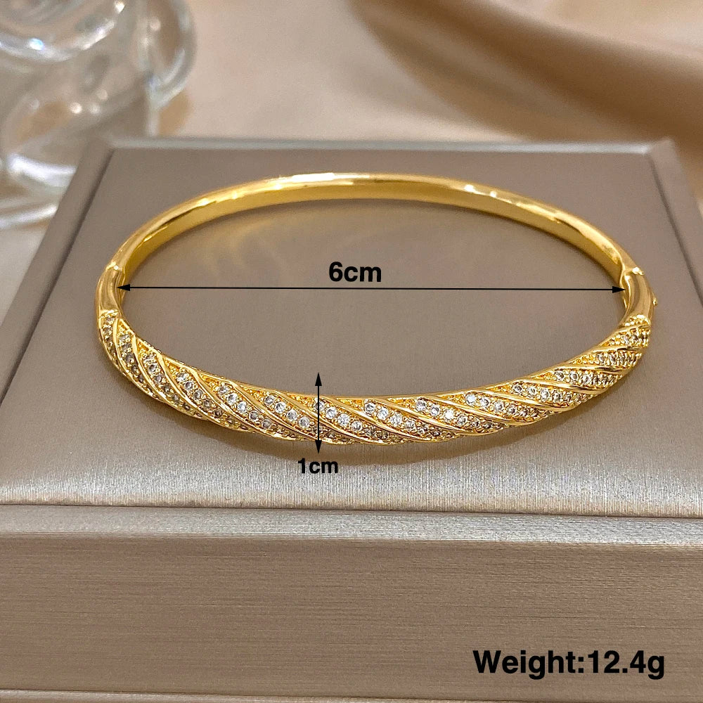 Twisted Micro Zircon Cuff Bracelet | Gold Plated Stacked Bangle for Women