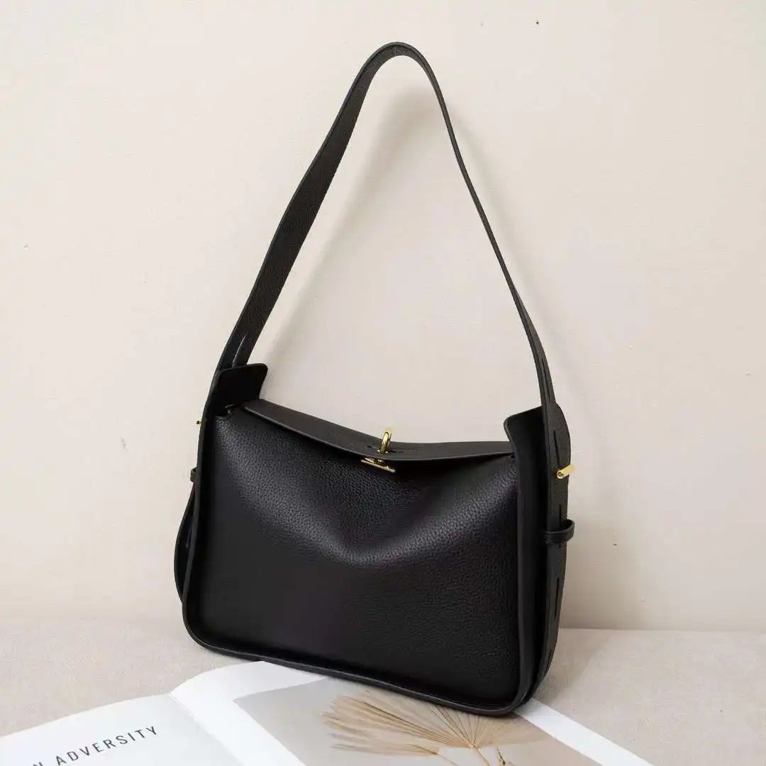 Niche Luxury Cowhide Wide Strap Large Capacity Shoulder Bag