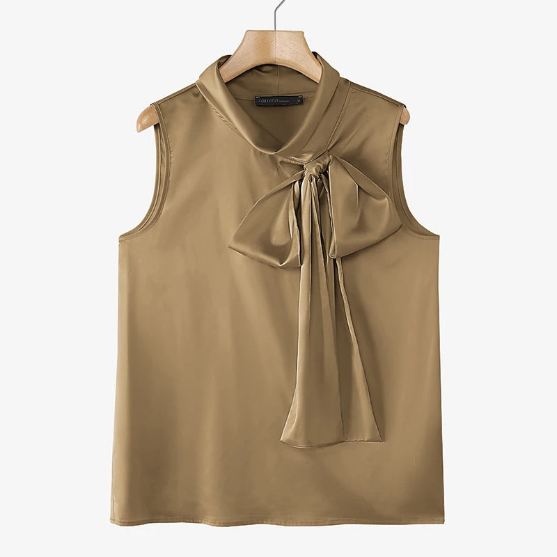 Elegant Bow Tie Blouse | Satin Sleeveless Solid Color Half High Collar Casual Fashion Shirt