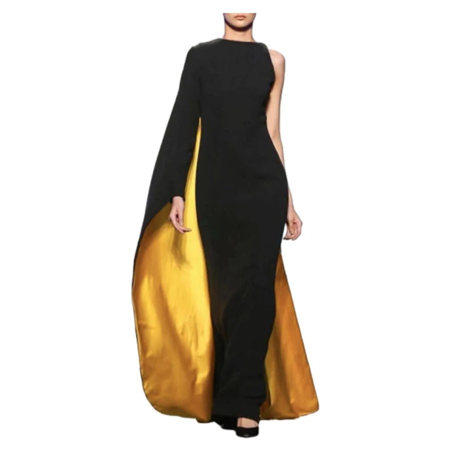 Freeacy Women's Asymmetric Cape Dress Ruffled One - sleeve Floor Length Evening Gowns 2025 Stylish Contrast Color Party Dresses - Nitamoje