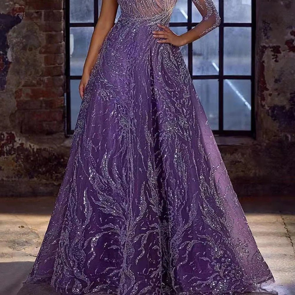 Elegant Long Sleeve Evening Gown | Gold Detail Side Slit flattering Fit Formal Dress - Nitamoje