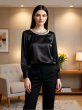 Pearl O-Neck Satin Boho Blouse