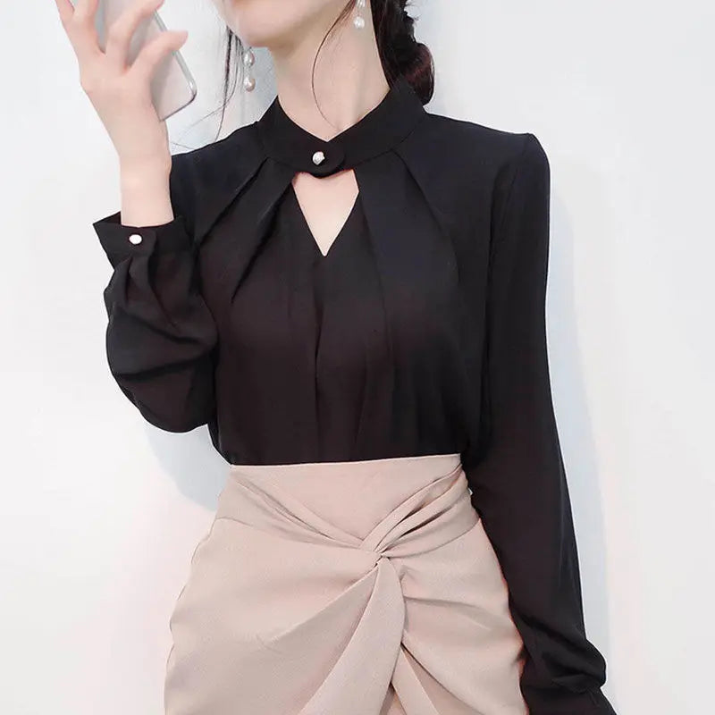 Solid Blouses Women Chiffon Shirts Long Sve flattering Hollow chic All-match Basic Spring Summer Tops Thin Chic Elegant Female Ins