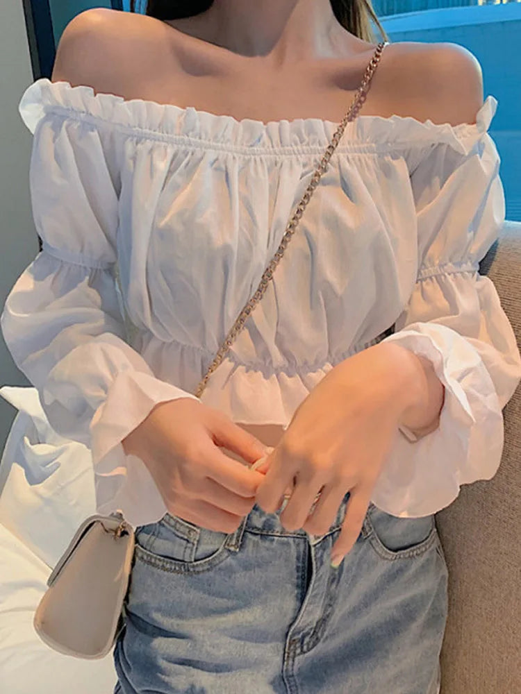 Off Shoulder Puff Sve Ruffle Crop Top