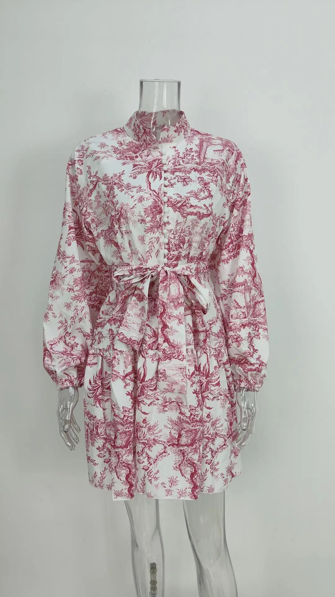 Vintage Printed Lace-Up Shirt Dress For Women Spring Summer Fashion Ruffled Pleated Long Sleeve High Street Women's Mini Dresses