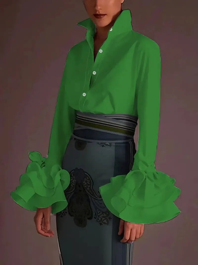 Flared Sve Lapel Button Office Blouse