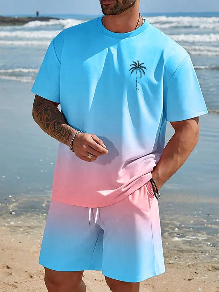 Men's Gradient Print Short Sleeve & Shorts Summer Set