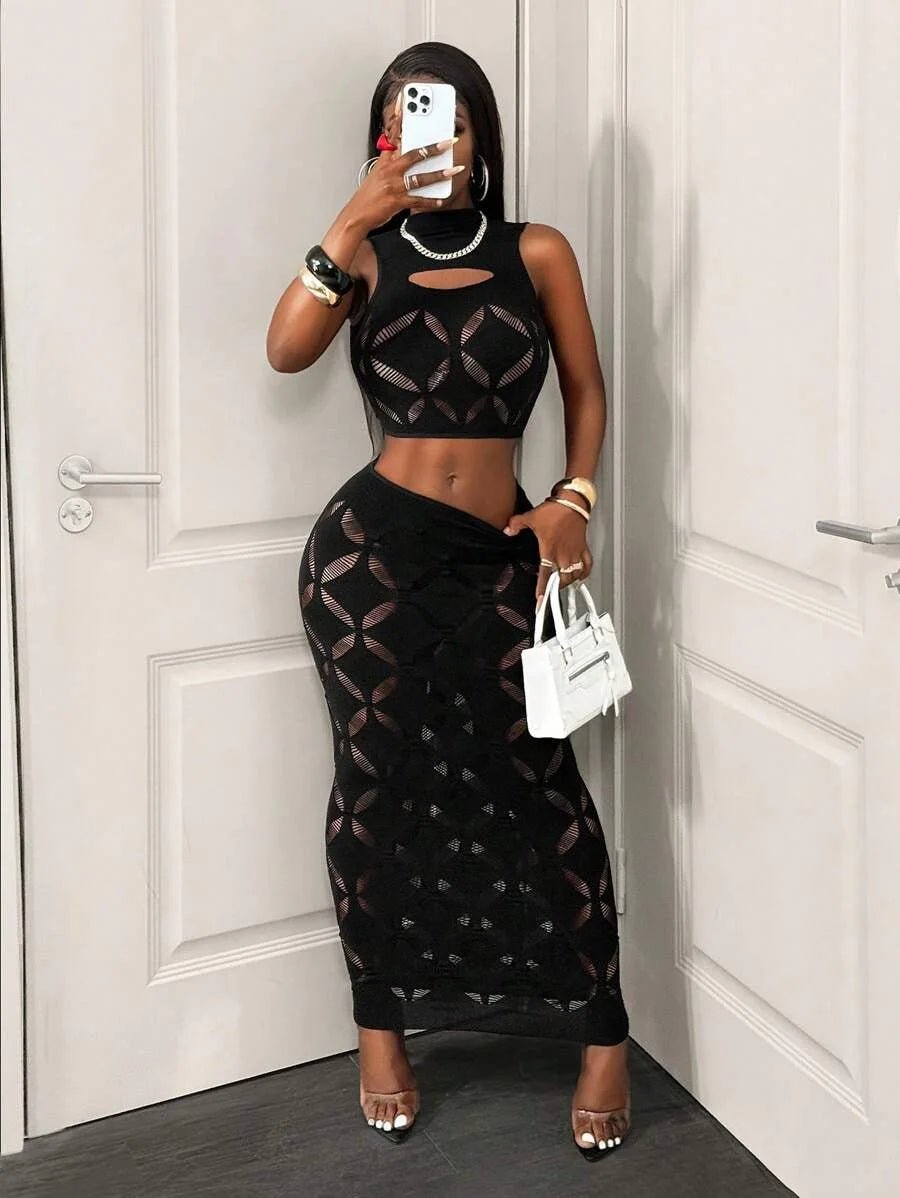2PCS Plus Size Black Mesh Hollow Out Crop Tank & Bodycon Mini Skirt Set - Nitamoje