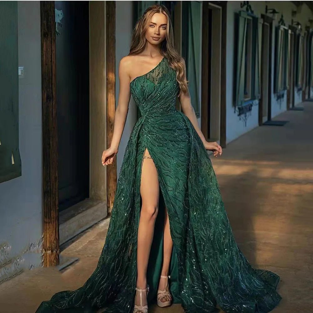 Elegant Long Sleeve Evening Gown | Gold Detail Side Slit flattering Fit Formal Dress - Nitamoje
