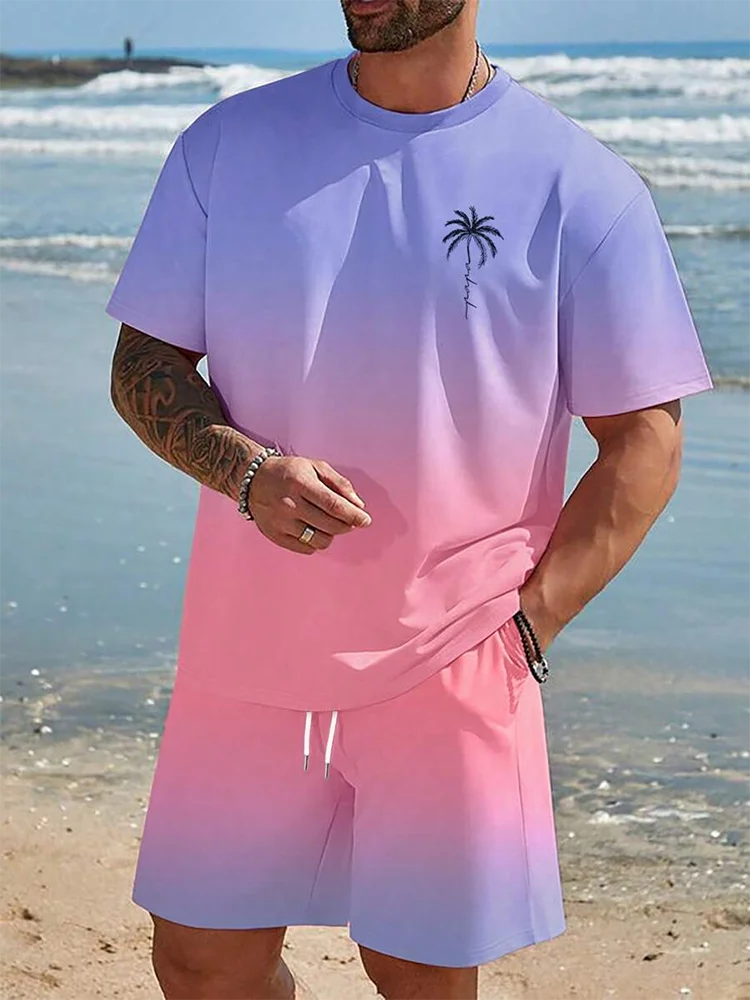 Men's Gradient Print Short Sleeve & Shorts Summer Set