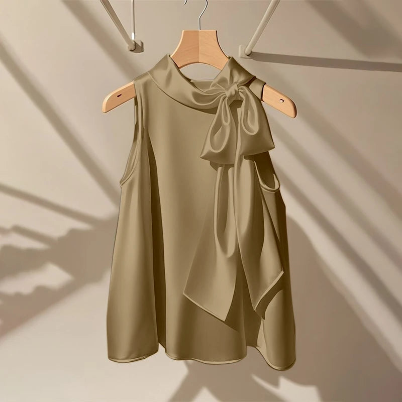 Elegant Bow Tie Blouse | Satin Sleeveless Solid Color Half High Collar Casual Fashion Shirt