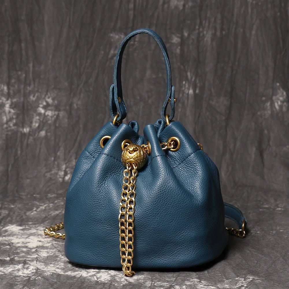 Metal Drawstring Genuine Leather Chain Bucket Bag - Nitamoje