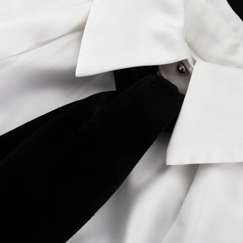 Elegant Off Shoulder Blouse With Tie For Women Y2K Office Lady Long Lantern Sve Button Down Shirt Loose Top