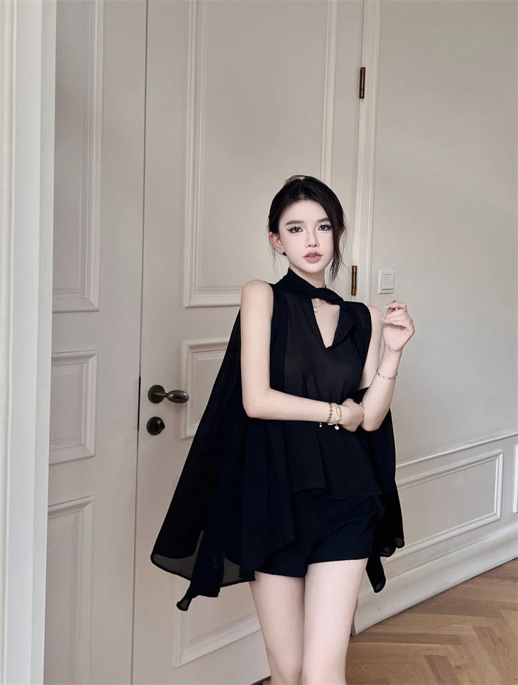 Black V-Neck Chiffon Blouse