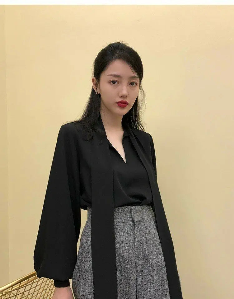 V-Neck Lace-Up Korean Office Blouse