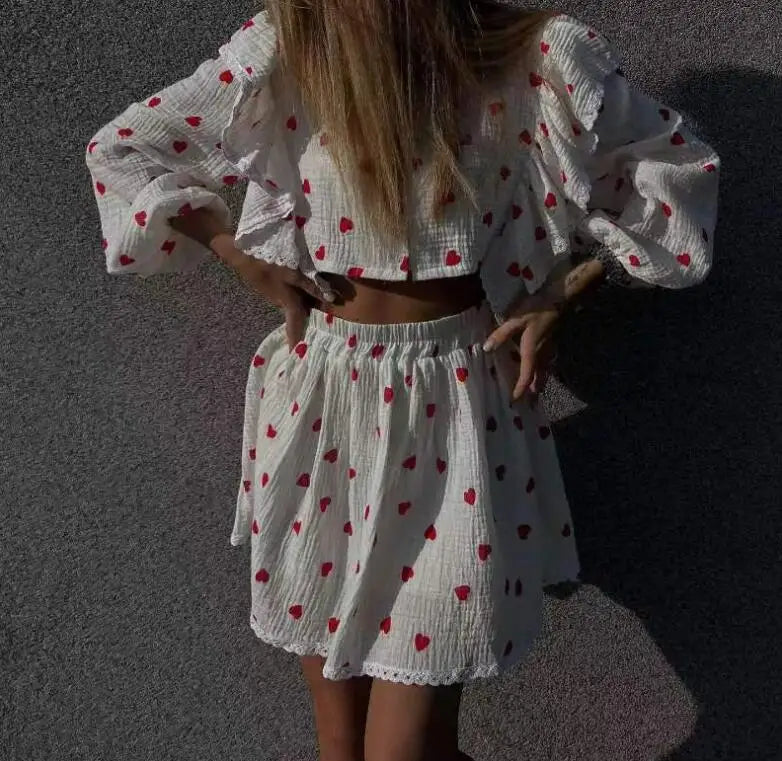 Ruffle Edge Long Sleeved Printed Shirt + Elastic Waist Short Skirt Set