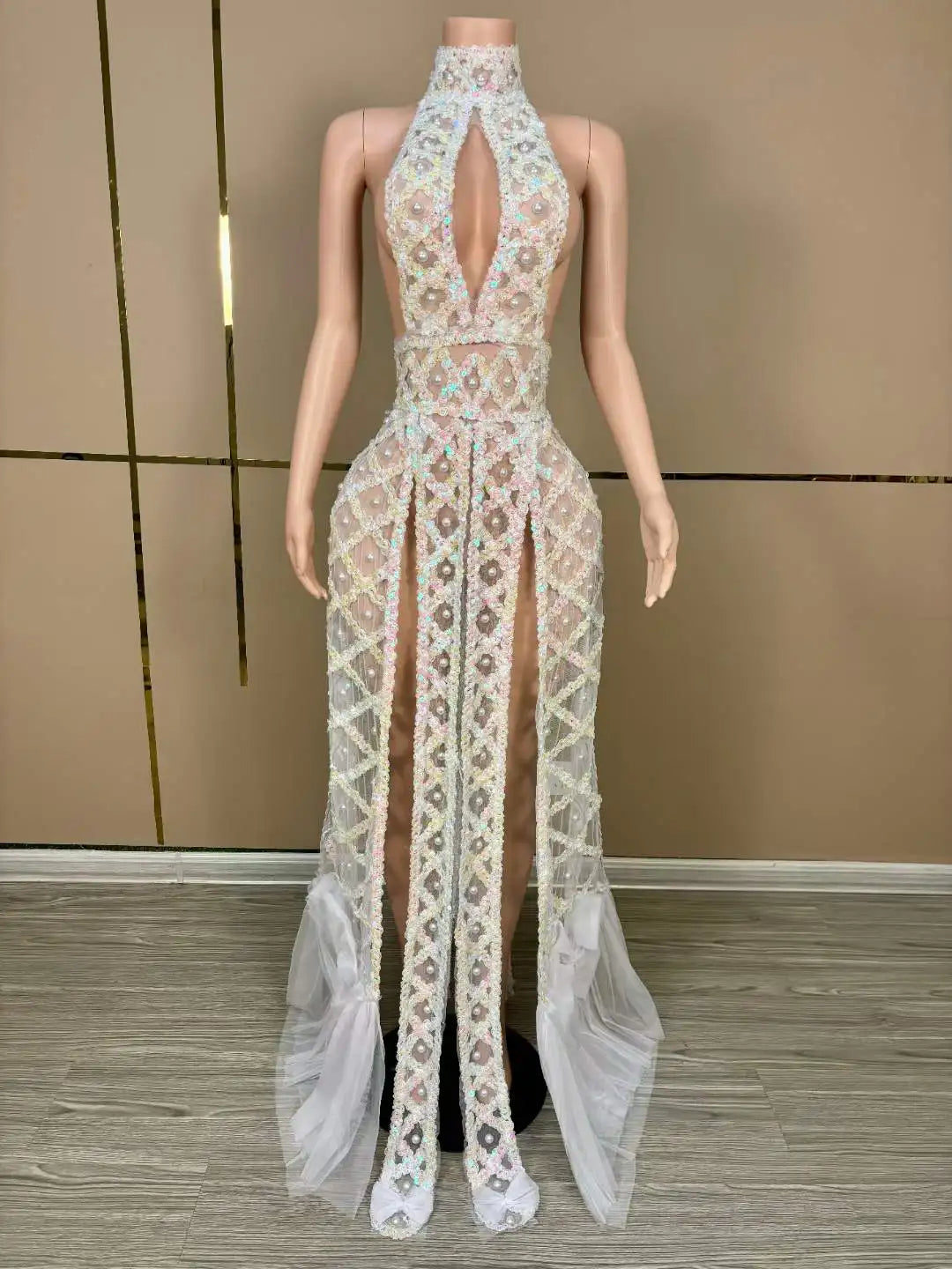 Pearl Embellished Open-Back Dance Costume Stage Wear